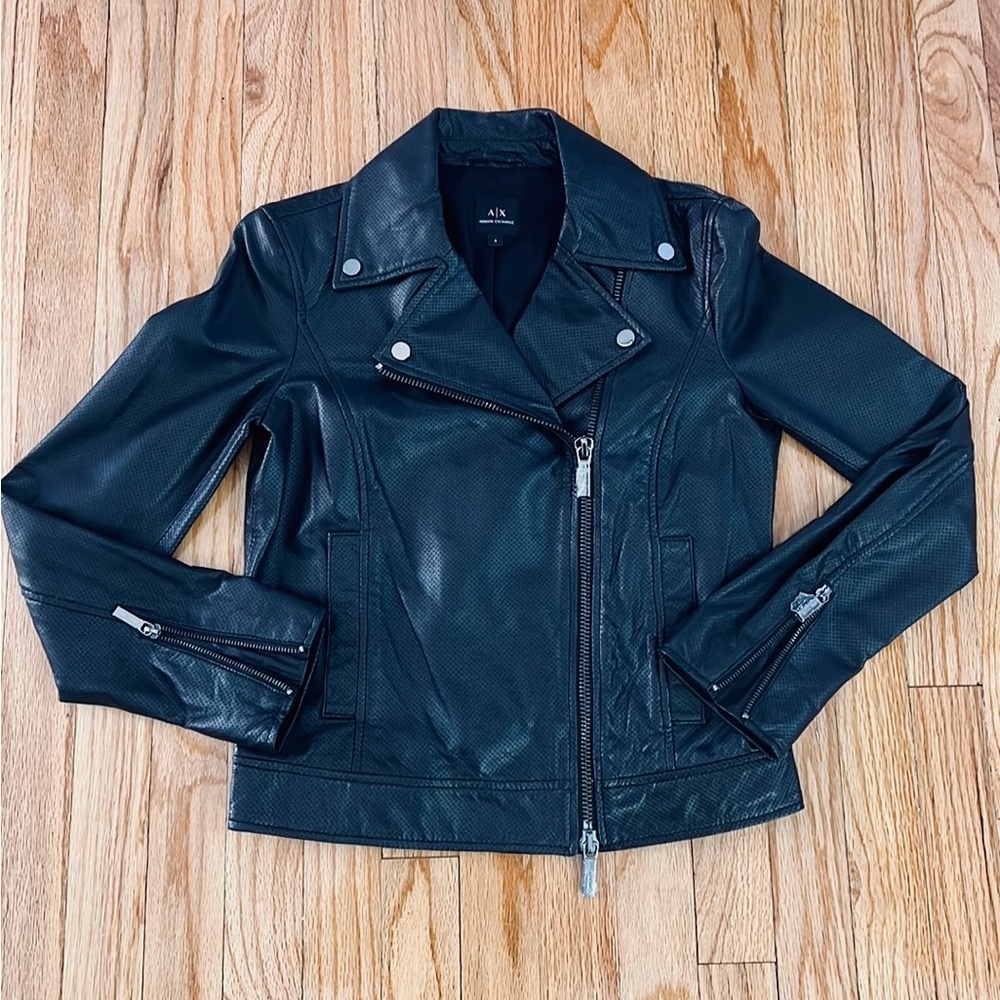 Armani exchange black 100% sheep Leather Jacket womens size small